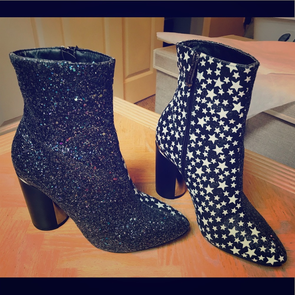 Dolls Kill glitter star chunky heel booties